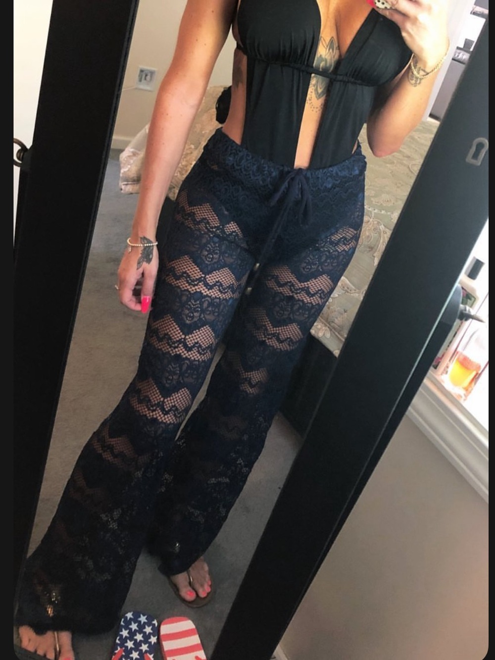 Lace Wide-Leg Beach Pants - navy blue low rise waist size small